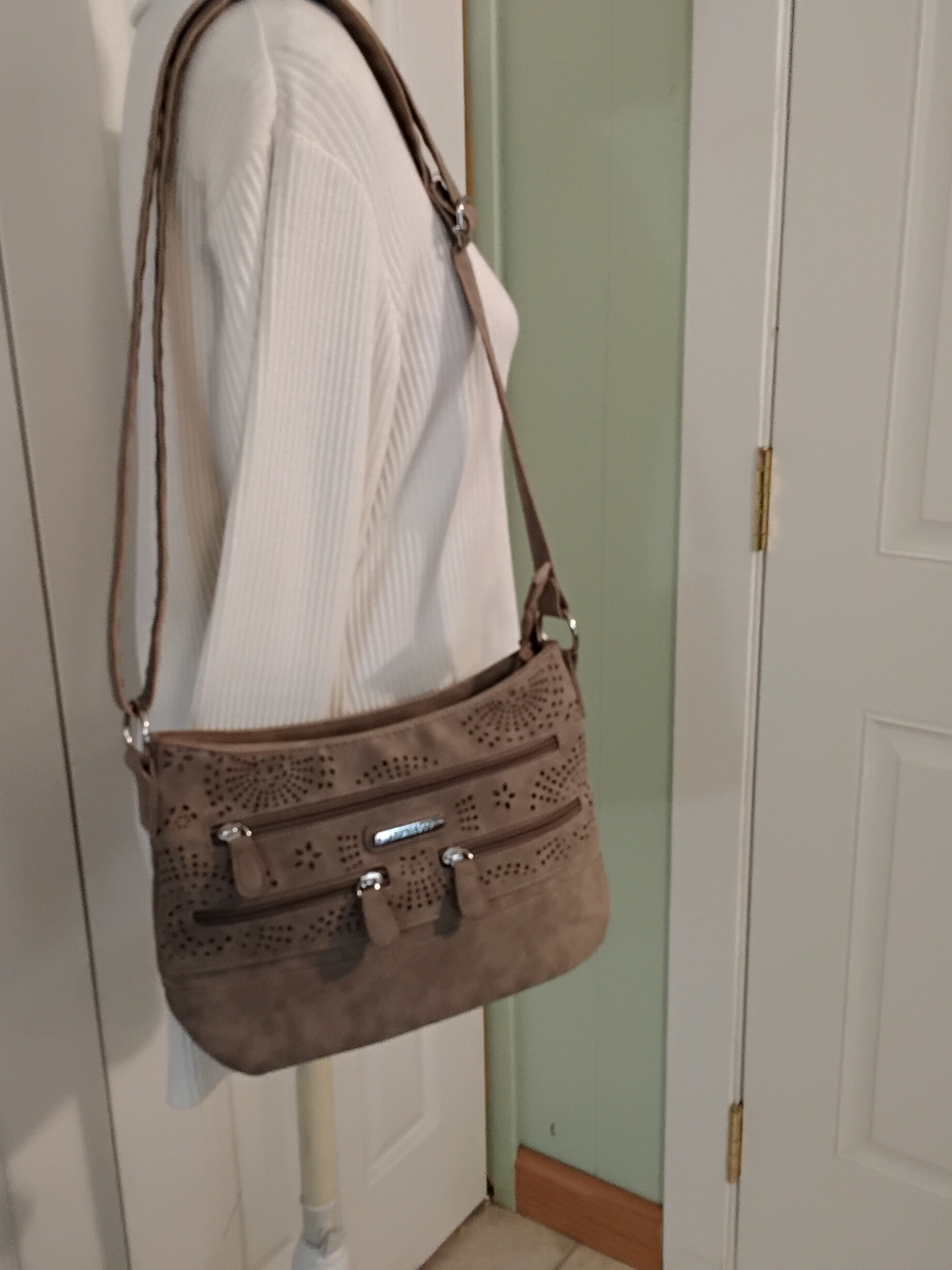 4005 Stone & Co. Taupe Laser-Cut Suede Crossbody Satchel
